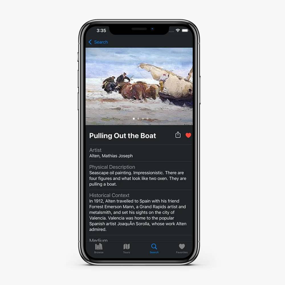 iPhone with the app Art At GVSU on the screen